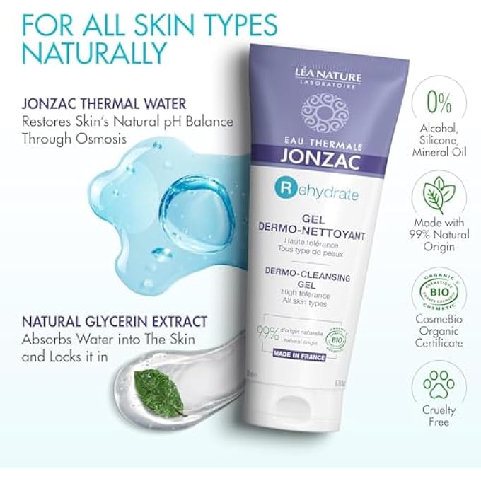 JONZAC EAU THERMALE ,  ORGANIC WOMEN FACE WASH  REHYDRATE FACIAL CLEANSING GEL  THERMAL WATER ACTIVE COMPONENT  SENSITIVE SKIN FACE WASH AND MAKE UP REMOVER  FACE CARE 9975 NATURAL, 200 ML - Image 3
